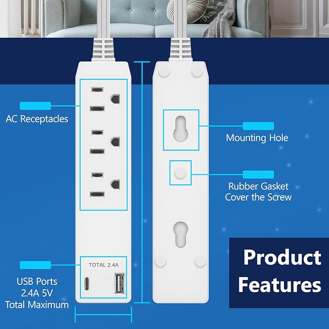 LIDER Outlet Extender with 3 Receptacles, 12W USB-A & USB-C, Ultra-Thin Wall Plate Plug with Cord Extender, 3-Outlet Power Strip, Flat-Face, 3ft Cord, 1625W, ETL Listed, Matte White