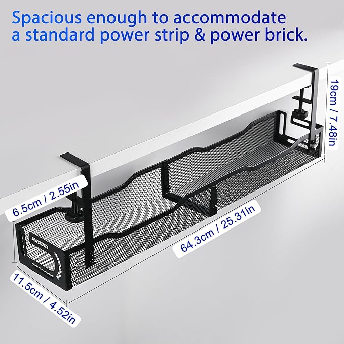 Under Desk Cable Management Tray 25.3 Inch, Clamp-On Cable Organizer Box for Standing Desks, No Drill Cord Management Under Desk, Large Desk Wire Organizer for Office & Home, Black