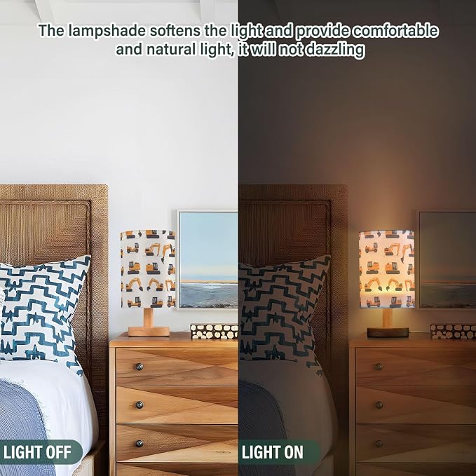 Table Lamp Cute Excavator Construction Car Pattern Nightstand Lamp with Wood Base Fabric Lamp Shade Bedside Desk Lamp for Living Room Bedroom Kids Room Office