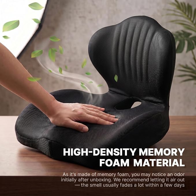 Ergonomic Memory Foam Seat Cushion with Back Support, Contoured for Office Chair, Car, Gaming, and Wheelchair, Breathable & Washable Cover, Black