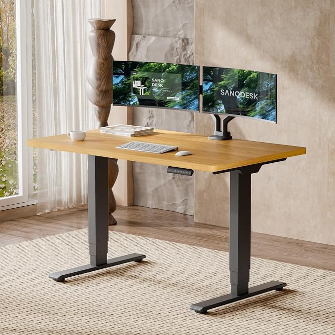 SANODESK Dual Motor Standing Desk 220lbs Height Adjustable Desk | 48"x30" Spacious One-Piece Maple Desktop & Black Frame, 4 Memory Presets, 3-Stage Legs, 220lbs, 2-Box for Home & Office