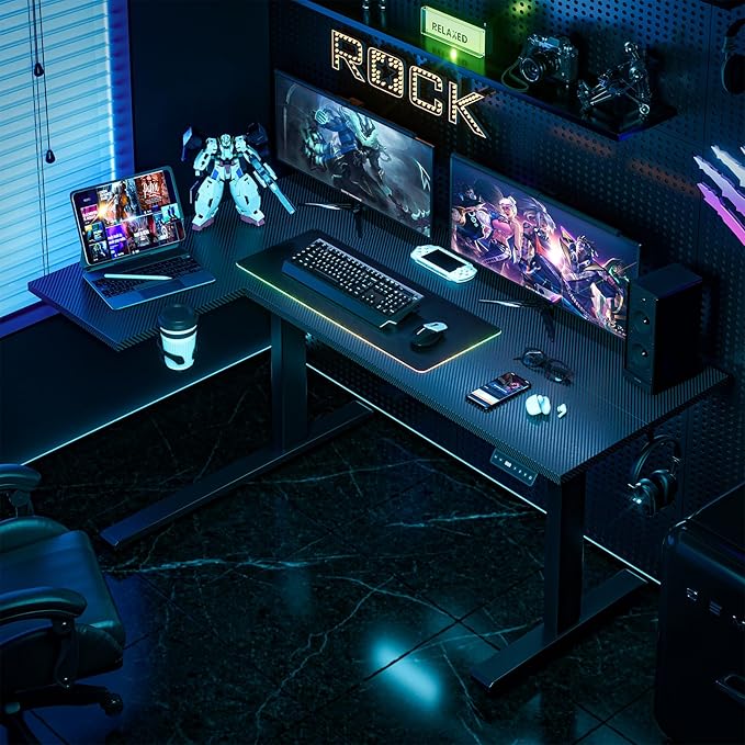Muvai 59 Inch L Shaped Standing Desk Adjustable Height with Cable Management Tray,Gaming Electric Corner Standing Desk, Sit Stand Computer Table with Reversiable Splice Board, Black Carbon