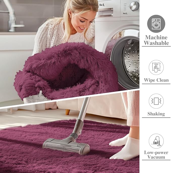 OLANLY 2x3 Machine Washable Small Bedside Rug, Soft Fluffy Shaggy Entryway Throw Rugs for Bedroom, Living Room, Indoor Floor Carpet for Kids Girls Boys, Nursery Rooms, Home Decor Aesthetic, Burgundy