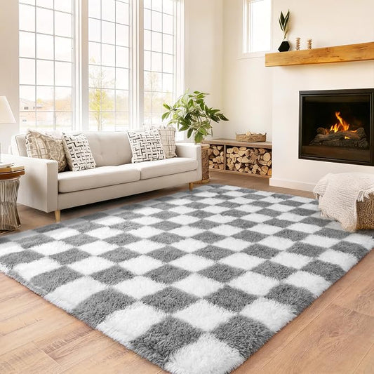 Checkered Rug 4x6 for Bedroom, Ultra Fluffy Shag Area Rugs for Living Room, Upgrade Anti-Skid High Pile Soft Rug Fuzzy Carpet for Living Room Bedroom Kids Room Nursery, Dorm Home Decor, White & Grey