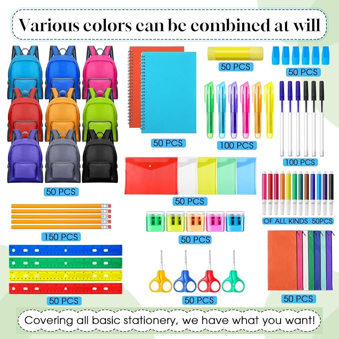 PerKoop 50 Sets 17'' Backpacks Bulk Bundle Kits Wholesale Backpack Supply Kit Bundle Essentials for Charity Donate