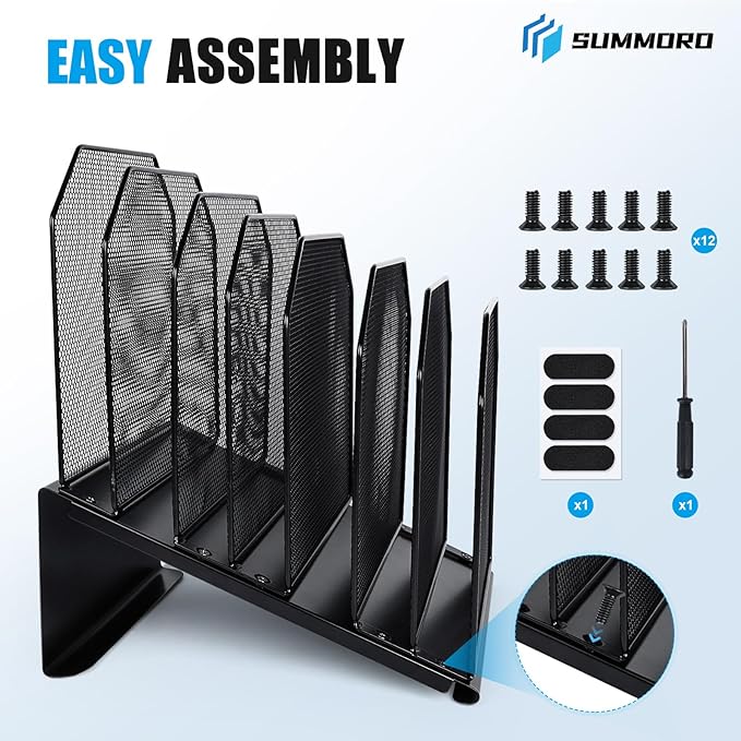 Inclined File Organizer for Desk, 7-Section Vertical File Folder Holder Office Desk Organizer Metal Rack File Wire Mesh Desktop Document Sorter for Office School Classroom Home (Black)