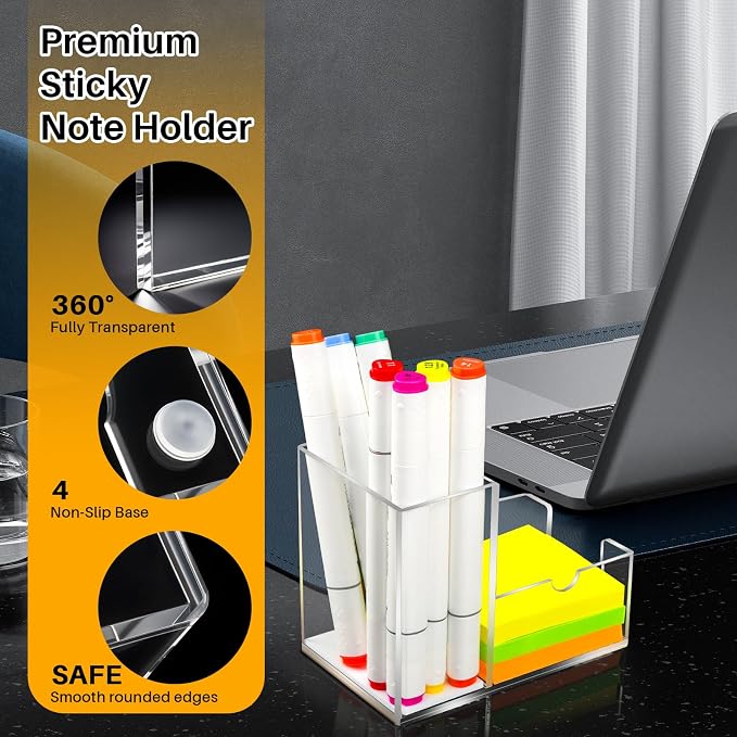 Sticky Note Holder, Crystal Clear Acrylic Pen and Sticky Note Dispenser for 3x3 Inches Note Pads, Simple Phone Stand for Office Home School Dorm Room Desk Organizer(No Pads) (2)