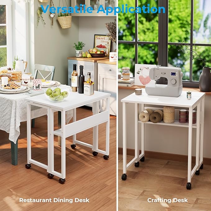GreenForest Folding Desk with Wheels and Storage Shelf, 24.8 Inch Compact Portable Rolling Desk for Small Spaces, Mobile Foldable Computer Table, Easy Assembly, Pure White