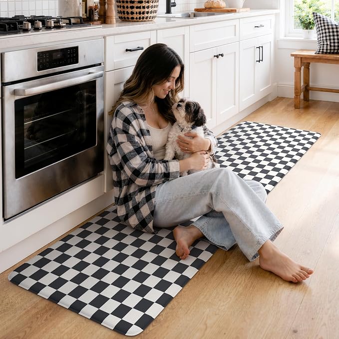 KIMODE Kitchen Mats Cushioned Anti Fatigue, Farmhouse Kitchen Rug 24"x71" | Black and White Kitchen Mats for Floor, Waterproof Laundry Room Rug, Memory Foam Standing Mat for Kitchen Decor Office Desk