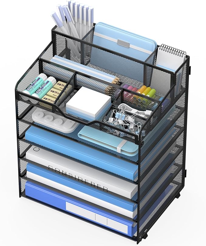 6 Tier Mesh Paper Desk Organizer with Pen Holders, Black | Features 3 pen holders, and 5 adjustable compartments for office school home desk storage