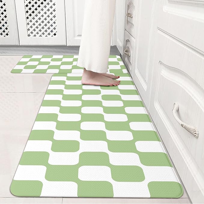 Fresh Green Retro Curvy Checkered Grid Checkerboard Kitchen Rug Sets [2 PCs], Anti-Fatigue, Waterproof Non-Slip Kitchen Mats Heavy Duty Comfort Foam Rug for Floor, Home, Laundry,17"x29"+17"x47"