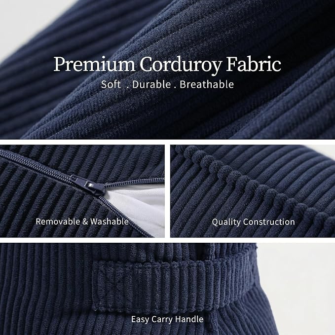 Pat. Pend. Corduroy Wedge Pillow with Lumbar Support, Triangle Cushion for Sofa, Couch, Bed or Recliner, Reading Pillow for Sitting & Relaxing, Navy Blue
