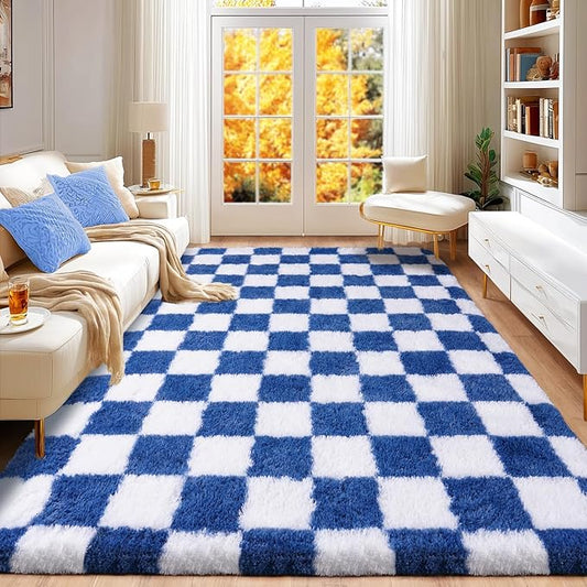 Checkered Rug 4x6 for Bedroom, Ultra Fluffy Shag Area Rugs for Living Room, Upgrade Anti-Skid High Pile Soft Rug Fuzzy Carpet for Living Room Bedroom Kids Room Nursery, Dorm Home Decor, Navy and White
