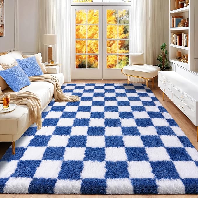 Checkered Rug for Bedroom 5x7, Ultra Fluffy Fuzzy Shag Area Rugs for Living Room, Anti-Skid Indoor High Pile Soft Rug Carpet for Living Room Bedroom Kids Room Nursery, Dorm Home Decor, Navy and White