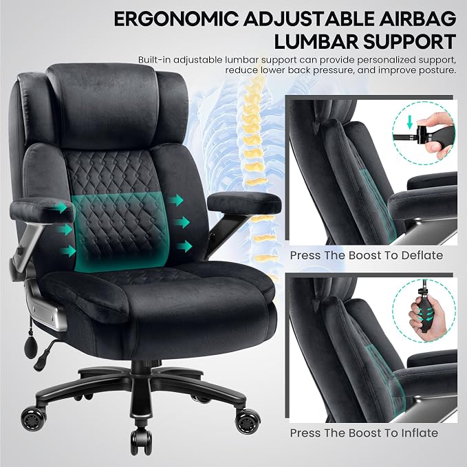 Fabric 700LBS Large Heavy Duty Office Chair with 5D Flip Arms, Big and Tall Cloth Office Chair,High Back Computer Executive Desk Chair with Adjustable Lumbar Support,Dual Rubber Wheel(Black)