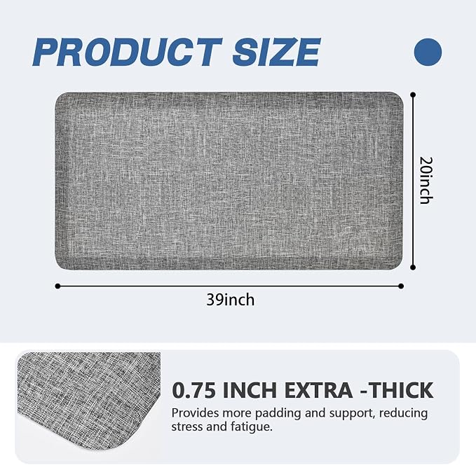Anti Slip 3/4 inchs Anti Fatigue Kitchen Floor Mat, Ergonomic Comfort Standing Mat, Waterproof Kitchen Runner for Home, Kitchen, Office, Laundry, Garage (Light Gray, 20" x 39" -0.75")