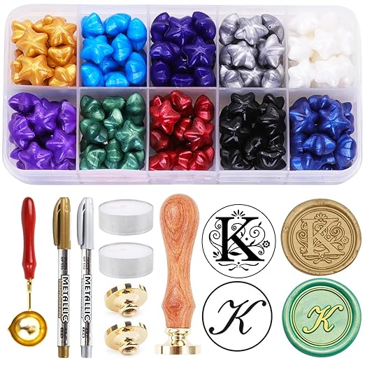 Letter K Wax Seal Kits, 200pcs Assorted Sealing Beads and 2pcs Initial Alphabet K Wax Seal Stamp for Wedding Invitations Gift Wraps Envelopes and Christmas Cards (Alphabet K Kit)