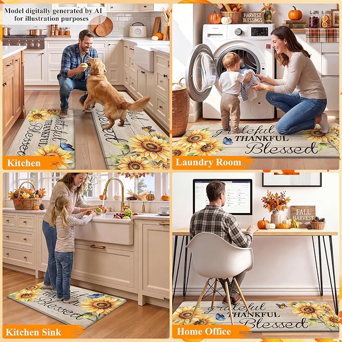 HEBE Fall Kitchen Mat Set of 2, Anti Fatigue Kitchen Mats for Floor | Cushioned Non Slip Autumn Kitchen Rugs and Runner Set, Waterproof Sunflower Floor Carpet for Harvest Thanksgiving
