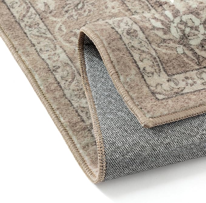 PureCozy 6x9 Area Rug Brown Washable Vintage Carpet Living Room Bedroom Large Non Slip Stain Soft Resistant Low Pile Thin Boho Accent Indoor Throw Rug for Dining Room Office