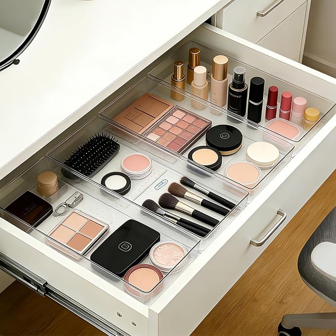 Manalete 8 Pcs Large Clear Plastic Drawer Organizer,15"x6" Vanity Organizer | Durable Clear PET Storage Bins Tray for Desk, Makeup, Kitchen & Bathroom, Office, Tools, Easy Clean, Stackable, BPA-Free