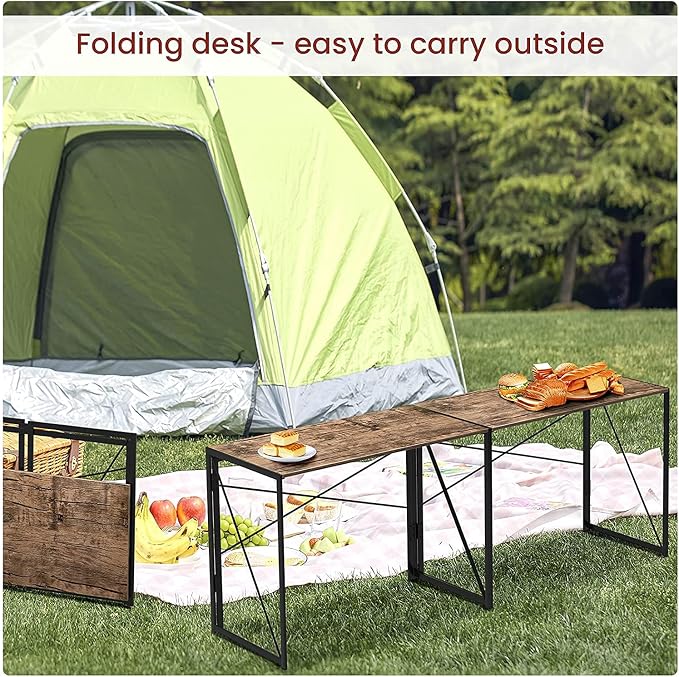Garden Elements Modern Small Folding Computer Desk, Portable, Space-Saving Home Office Desk with Sturdy Metal Frame, Brown, 39"