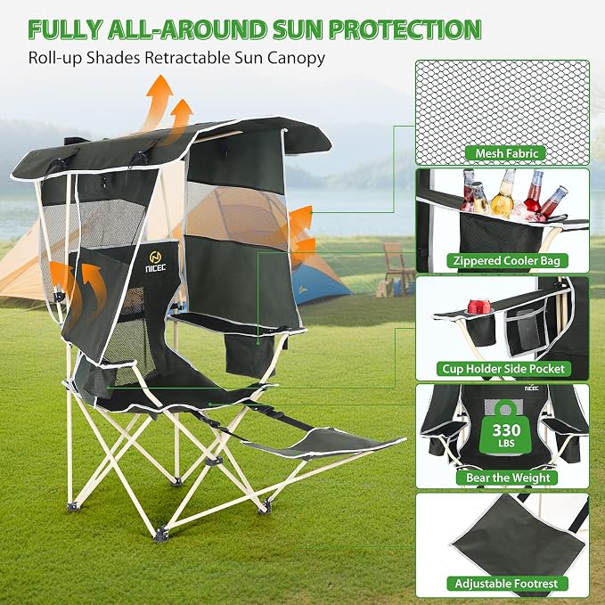 Nice C Chair with Canopy, Umbrella Chairs for Adults, Sports Chair with Shades, with Removable Footrest, Cooler Bag, Cup Holder for Camping, Fishing, Sports, Beach (2Pack Green)