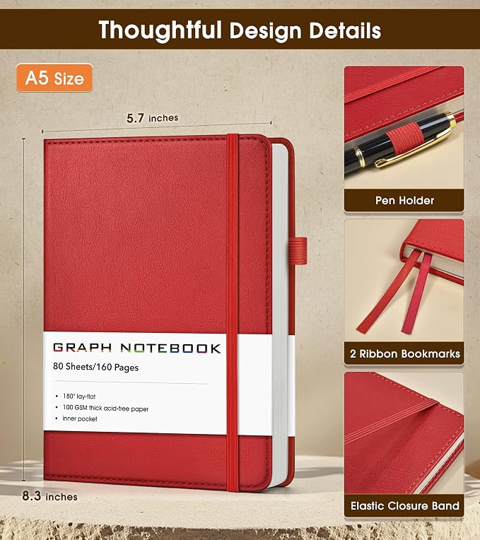 A5 Leather Hardcover Graph Paper Notebook, 160 Pages (5 Squares/Inch), 180° Lay-Flat Binding, 100 GSM Thick Paper, for Math, Engineering, Students & Technical Work (Wine Red)