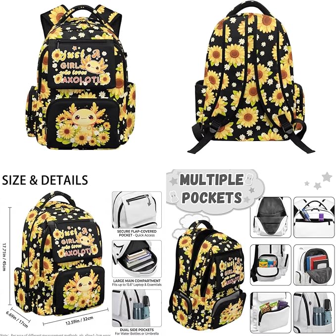 WELLFLYHOM Sunflower Axolotl Backpack Set for Girls Ages 8-12 | Full Matching Storage Accessory Set, Portable Daypack Fits Elementary and Junior High Daily School Storage Demands