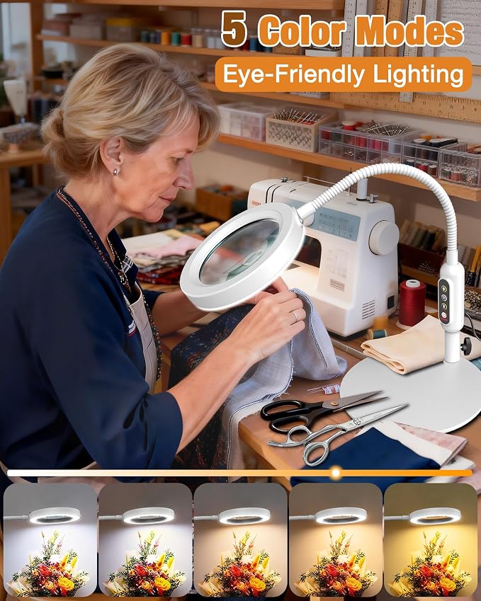 Magnifying Glass with Light and Stand, 5 Color Modes Stepless Dimmable, Optical Grade HD Lens, LED Lighted Magnifier Hands Free with 16in Flexible Gooseneck for Close Work - White