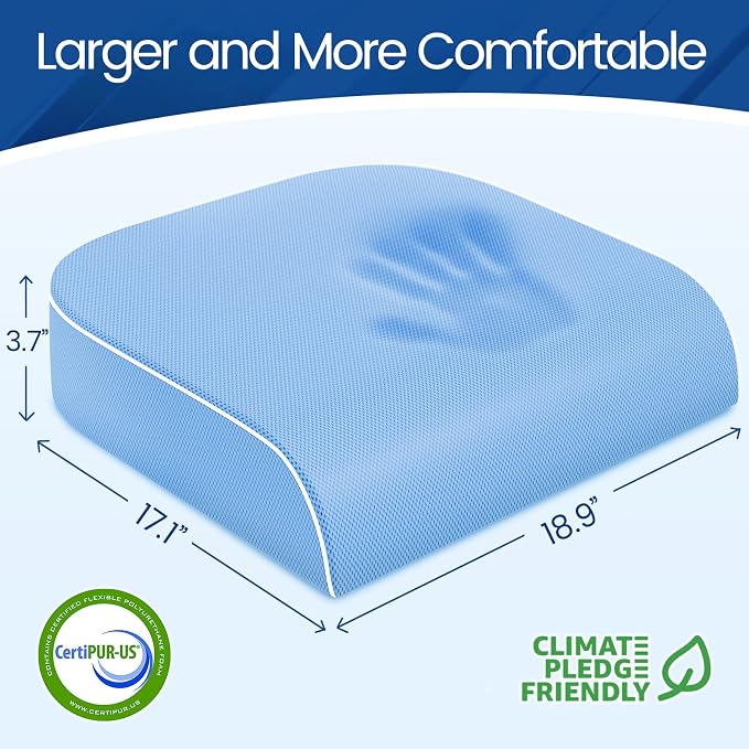 SweetSlubr Seat Cushion for Tailbone Pain Relief, Office Chair Cushion, Memory Foam Large Chair Cushion with Non-Slip Cover for Soft Support at Office Chair, Car Seat, Airplane Light Blue/2X-Large