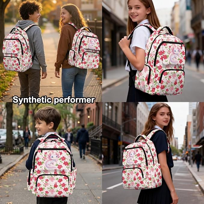 WELLFLYHOM Axolotl 4 PCS Backpack for School Girls 8-12 17 Inch School Bookbag Lunch Bag Pencil Pen Case Water Bottle Cover Kids Daypack for Junior Senior Students