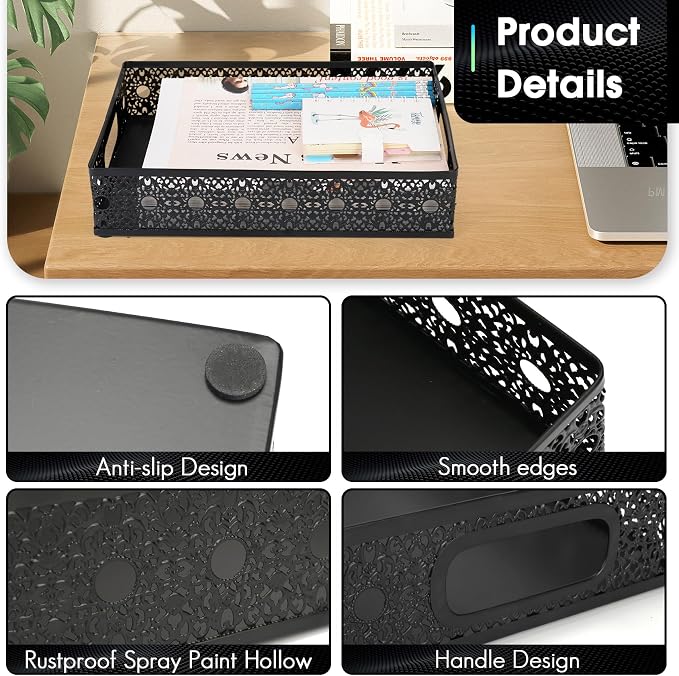 Desk Drawer Organizer, A4 Large Metal Mesh Desk Rrganizer Tray, Versatile Storage Box Set for Office Home Supplies,Carved Hollow Floral Desk Tray, 13 x 9 inches (2, Curved)