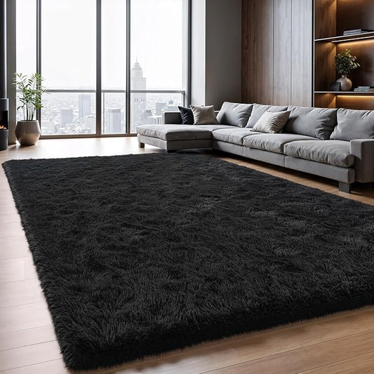 Zentavio Black Area Rugs for Living Room Bedroom 5x8 Large Men Room Carpet Fluffy Furry Shag Aesthetic Plush High Pile Floor Rug for Nursery Kids Room Dorm Home Decor
