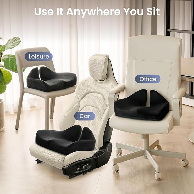 Alcedo Seat Cushion for Office Chair, Ergonomic Memory Foam Seat Cushion for Car Seat, Tailbone Pain Relief Cushion for Long Sitting, Non-Slip, Breathable & Washable Cover
