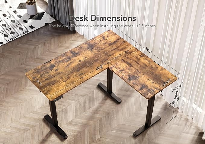 Claiks L Shaped Standing Desk Dual Motor 63 x 55 Inch Rustic Brown | Height 28.5-47.2 Inch, 220 Lbs Capacity, Splice Board, Sturdy Steel Frame, Home Office Corner Desk