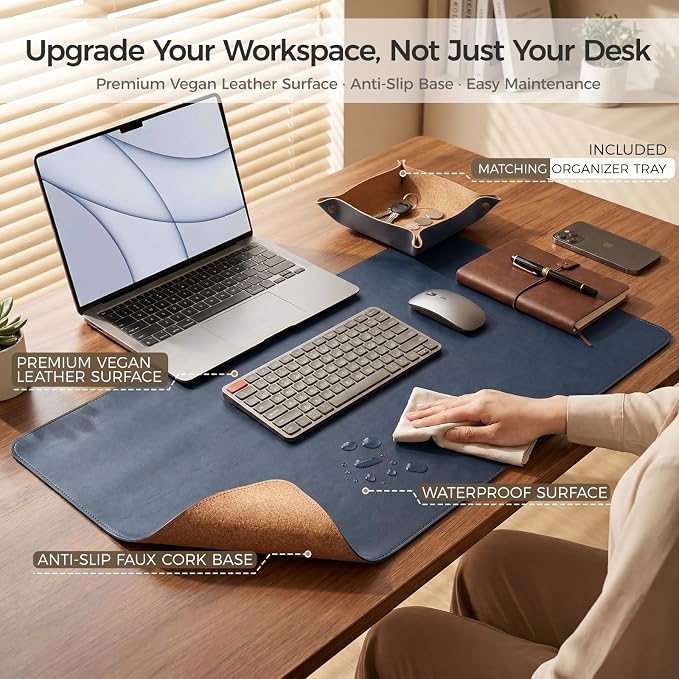 Premium Faux Leather Desk Mat & Tray Set，Innovative Cork-Look Printed Base，Gift Tube Packaging，Full-Desk Coverage，Non-Slip Desk Pad for Office Home（Navy Blue）
