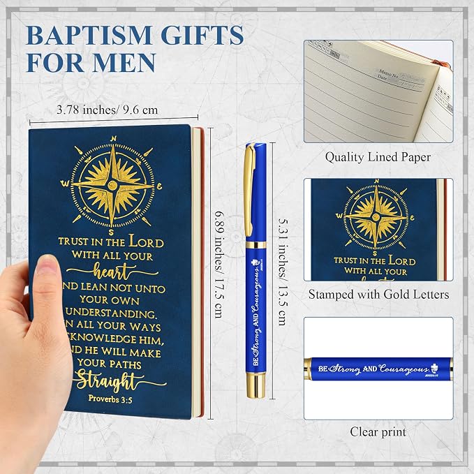 Fuyoooo 4 Pcs Baptism Gift Set for Men First Communion Gift Include Christian Journal Bible Notebook Engraved Compass and Religious Catholic Pen for Church Pastors