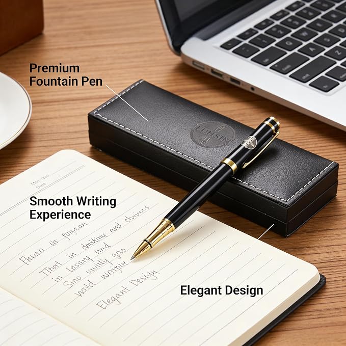 LUHSIN Premium Black Lacquer Rollerball Pen with Gold Trim - 0.5mm Smooth Writing Business Pen, Luxury Executive Gift Set for Men & Women, Office Signature Pen