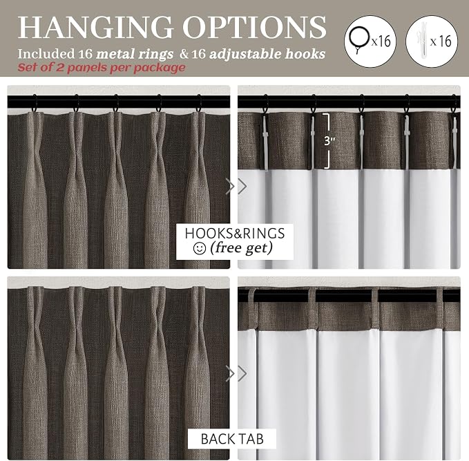 Memory Shape Pinch Pleated Blackout 86 Inch Bedroom Curtains 2 Panels Set, Chocolate Tart Thick Linen Two Layer Insulated Sound Dampening Energy Efficient Nursery Natural Window Drapes with Back Tab