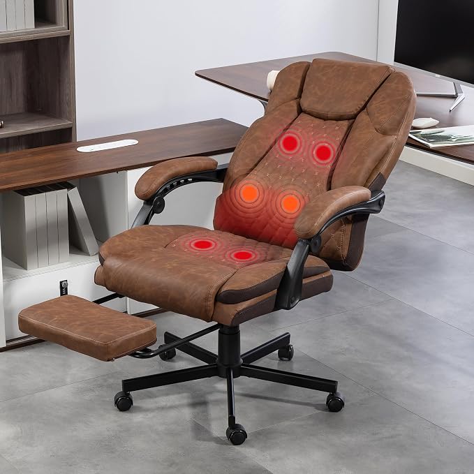 Heated Massage Executive Office Desk Chair with Footrest - Brown | 6 Points Vibration Massage System, 5 Massage Modes, 3 Target Areas (Back,Lumbar,Seat), Reclining 90°-135°