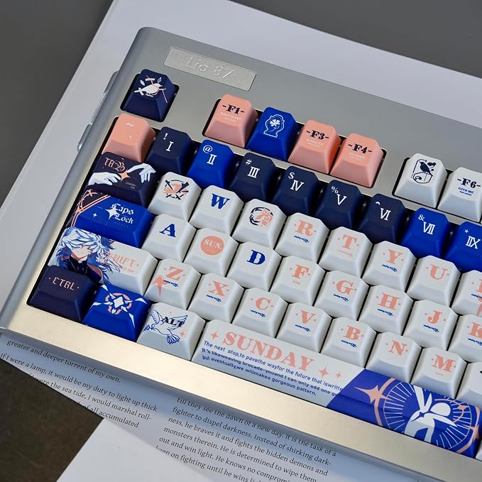 PBT Material Keycaps 130 Keys，Japanese Anime Style Keycaps Cherry Profile Dye Sublimation Keycap Blue White Custom Key Cap Set for Mechanical Keyboard 61/64/75/84/87/104/108 Layout