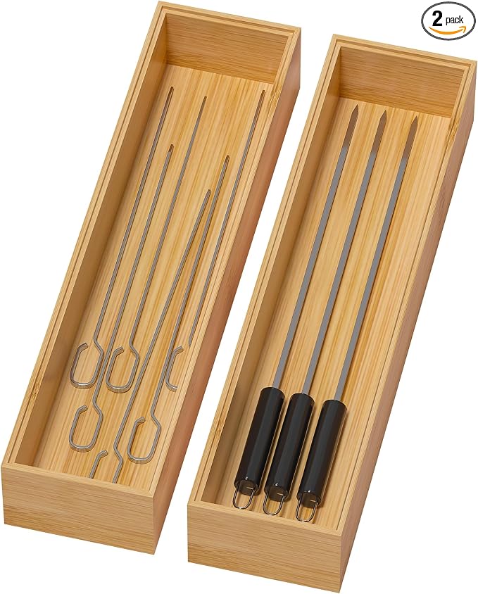 Lixple Bamboo Drawer Organizer, Narrow Stackable Cutlery Tray for Kitchen, 2 Pcs Silverware & Utensil Box, 12" x 3" x 2" (Outer), 11.3" x 2.3" x 1.77" (Inner)