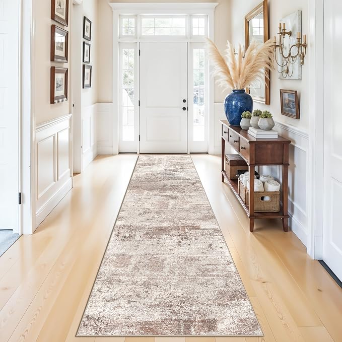 Washable 2x8 Hallway Runner Rug: Abstract Water Resistant Kitchen Rugs Soft Living Room Bedroom Carpet with Non-Slip Backing Indoor Low Pile Floor Mat for Bathroom Dining Room 2X8 Brick/Brown/Beige