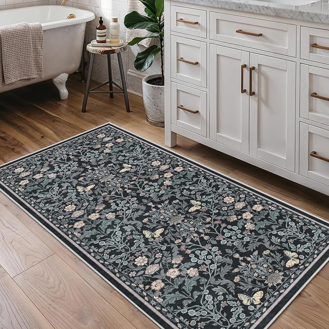 Puino Washable 2x4 Runner Rug: Soft Vintage Floral Non Slip Rubber Backing Floor Mat for Entryway Low Pile Stain Resistant Carpet for Hallway Kitchen Bedroom Bathroom Bedside Home Decor Dark Botanical