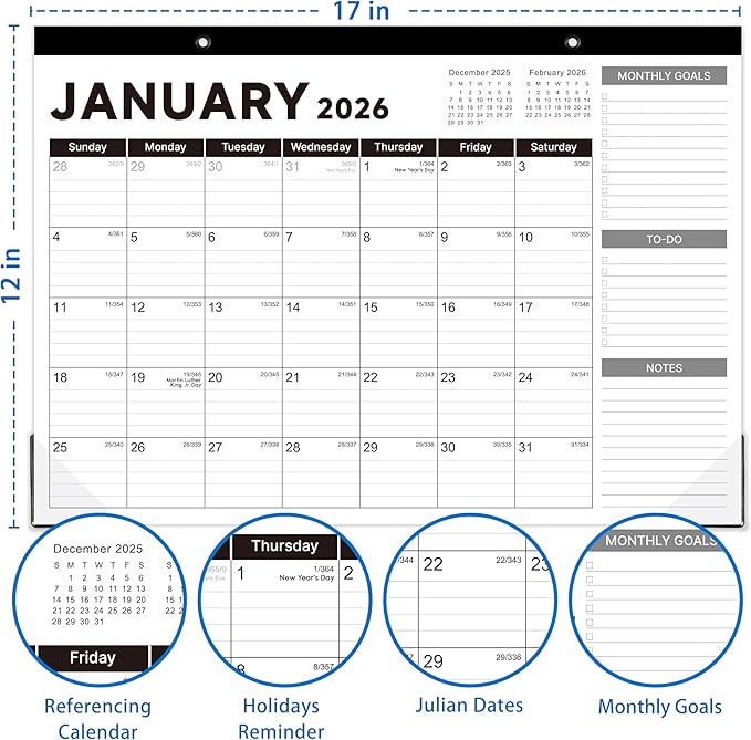 2026 Desk Calendar - Desk Calendar 2026, Jan. 2026 - Dec. 2026, 17"x12" Desktop Calendar with Notes, Corner Protector, Ruled Blocks