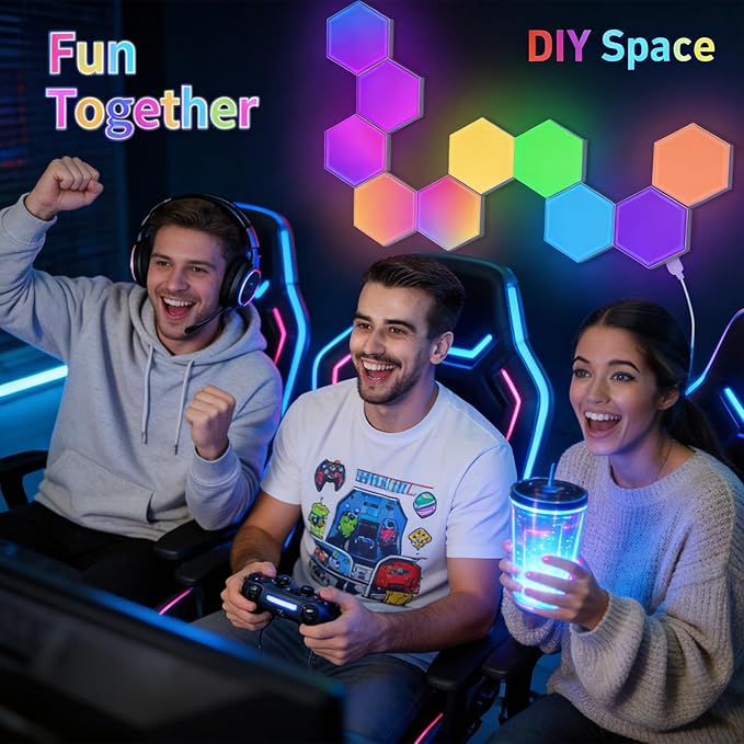 Hexagon LED Lights Wall,RGB Lights with APP/Remote & Music Sync,DIY Modular & Gaming Room Decor,Tap Wall LED Panels for Bedroom (12-Pack)