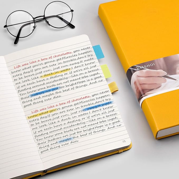 EMSHOI A5 College Ruled Notebook, 256 Numbered Pages 120GSM Ink-Proof Faux Leather Hardcover Lay-Flat Lined Journal for Work Office School Travel Writing, Small 5.75" x 8.38", Yellow