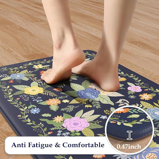 KIMODE Anti Fatigue Kitchen Mats for Floor,Farmhouse Rugs for Kitchen Floor | Cushioned Kitchen Floor Mat Non Slip, Comfort Standing Mat for Laundry Office Bath Sink Desk Dormitory Blue 17"x47"+17"x29"