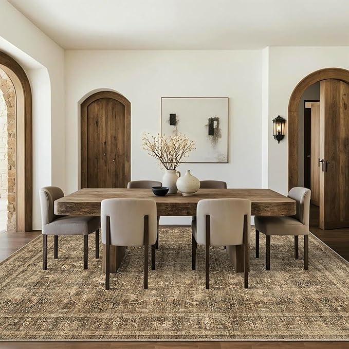 8x10 Brown Washable Area Rugs for Living Room Non Slip Low Pile Vintage Boho Throw Rug Soft Retro Distressed Floral Large Carpet Indoor Farmhouse Decor for Bedroom Dining Room Office Kitchen Playroom