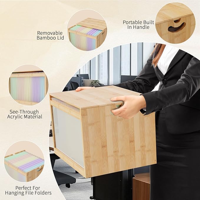 Bamboo Hanging File Organizer, Desk File Box with Lids, 1 Pack, Natural | Removable Lid, Clear Acrylic Side Panels, 2 Hanging Folders Included, Helps Reduce Dust, Letter & Legal Size, Easy Assembly